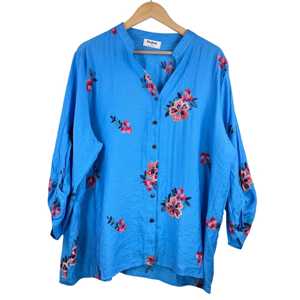 Kindred Embroidered Floral Tunic sz 3X Blue floral‎ boho lagen roll tab sleeve